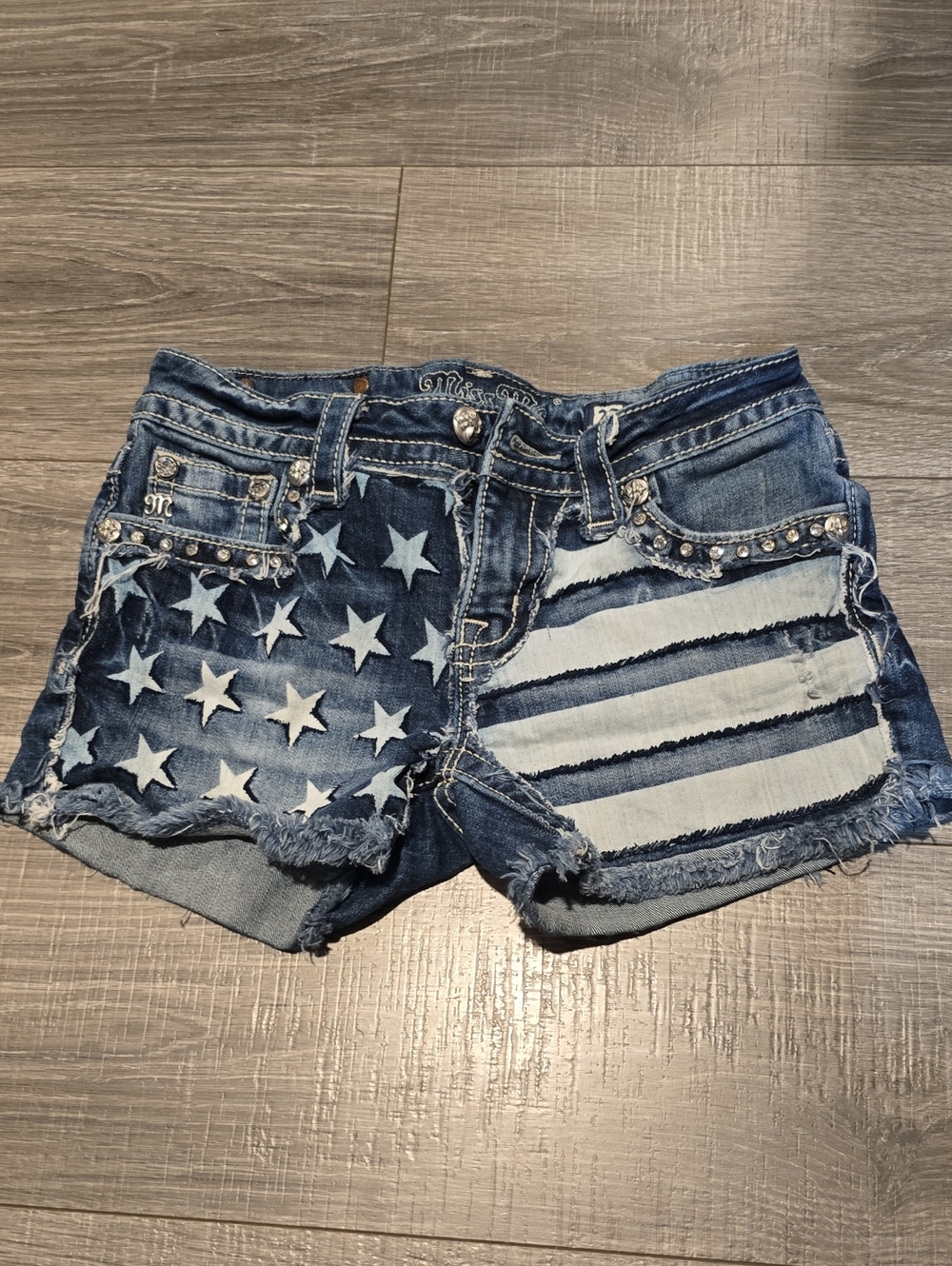 Miss Me Blue Denim Flag Star-Stripes Jean Shorts
